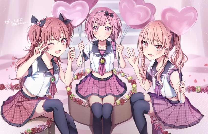 1other 2girls akiyama_mizuki androgynous asymmetrical_sleeves balloon black_thighhighs do_while02 drill_hair earrings heart heart_balloon heart_earrings highres jewelry long_hair looking_at_viewer medium_hair momoi_airi multiple_girls one_eye_closed ootori_emu pink_eyes pink_hair pink_skirt pleated_skirt project_sekai puffy_short_sleeves puffy_sleeves short_sleeves side_drill sitting skirt thigh-highs twintails two_side_up v