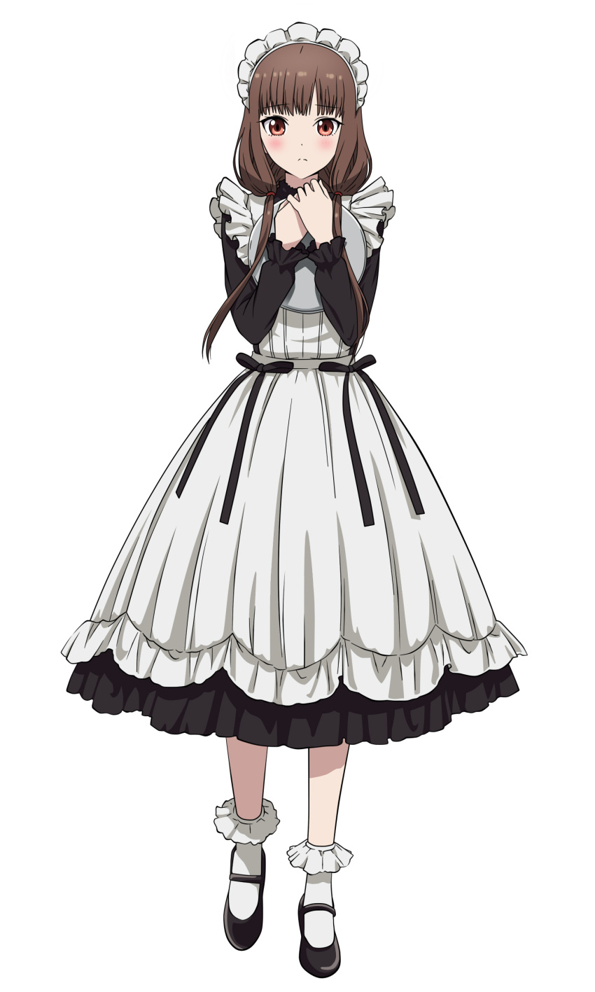 1girl absurdres alternate_costume ankle_socks apron bangs bare_legs black_bow black_dress black_footwear blunt_bangs blush bobby_socks bow brown_eyes brown_hair clutching_chest dress frilled_dress frilled_sleeves frills full_body highres holding holding_tray iino_miko kaguya-sama_wa_kokurasetai_~tensai-tachi_no_renai_zunousen~ looking_at_viewer low_twintails maid maid_apron maid_headdress metaminegl ribbon socks solo spanish_commentary tray twintails white_background white_socks