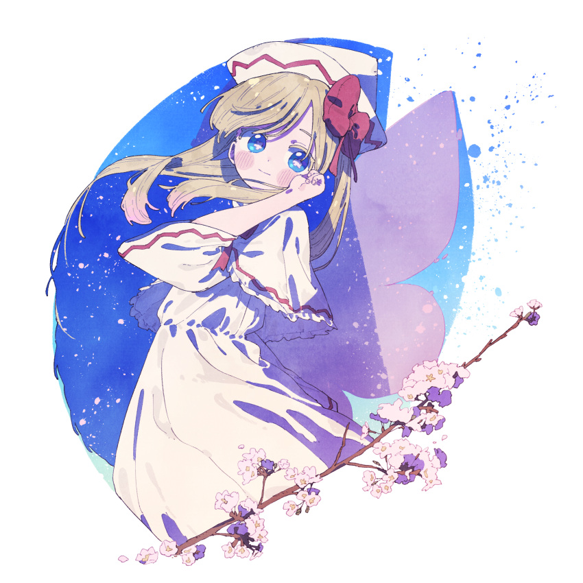 1girl absurdres blonde_hair blue_eyes blush capelet cherry_blossoms closed_mouth commentary dress fairy fairy_wings flower-shaped_pupils from_side hat highres light_smile lily_white long_hair looking_at_viewer nama_udon petals solo symbol-shaped_pupils touhou white_capelet white_dress white_headwear wide_sleeves wings