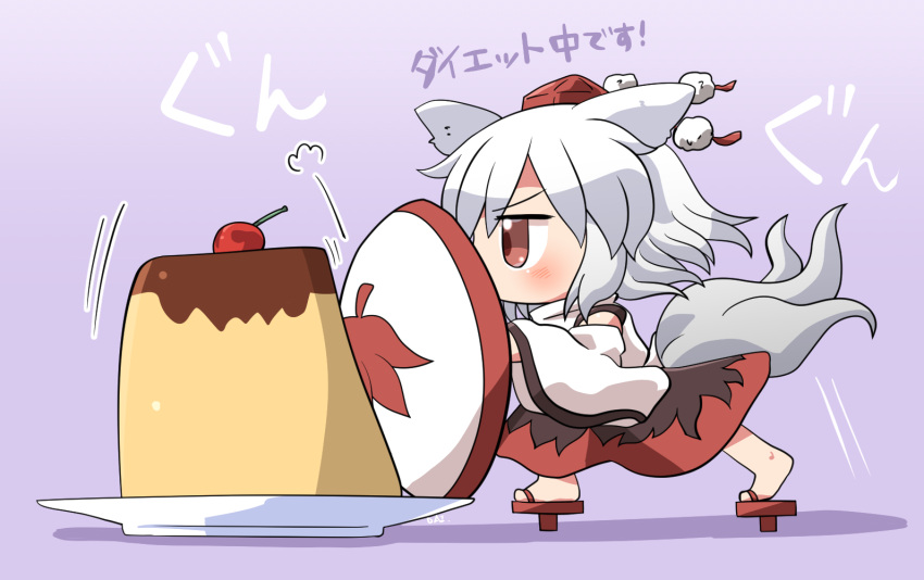 1girl animal_ears bare_shoulders barefoot black_skirt blush cherry detached_sleeves food from_side fruit full_body geta inubashiri_momiji japanese_clothes pudding purple_background red_eyes red_skirt rokugou_daisuke shield short_hair signature simple_background skirt solo tail touhou translation_request white_hair white_sleeves wide_sleeves wolf_ears wolf_tail