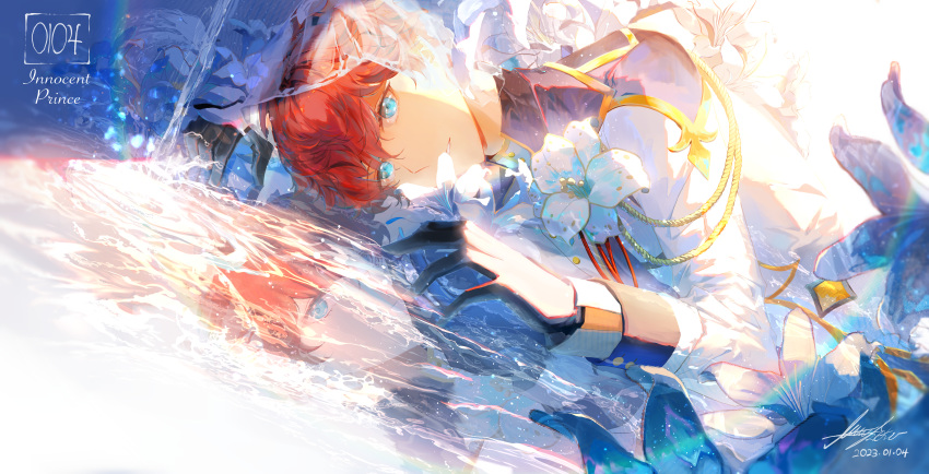 1boy absurdres amagi_hiiro black_gloves blue_eyes blue_flower blue_jacket ensemble_stars! flower formal gloves highres jacket looking_at_viewer lying male_focus multicolored_clothes multicolored_jacket parted_lips redhead reflection reku_(pixiv3677982) short_hair solo teeth water white_jacket