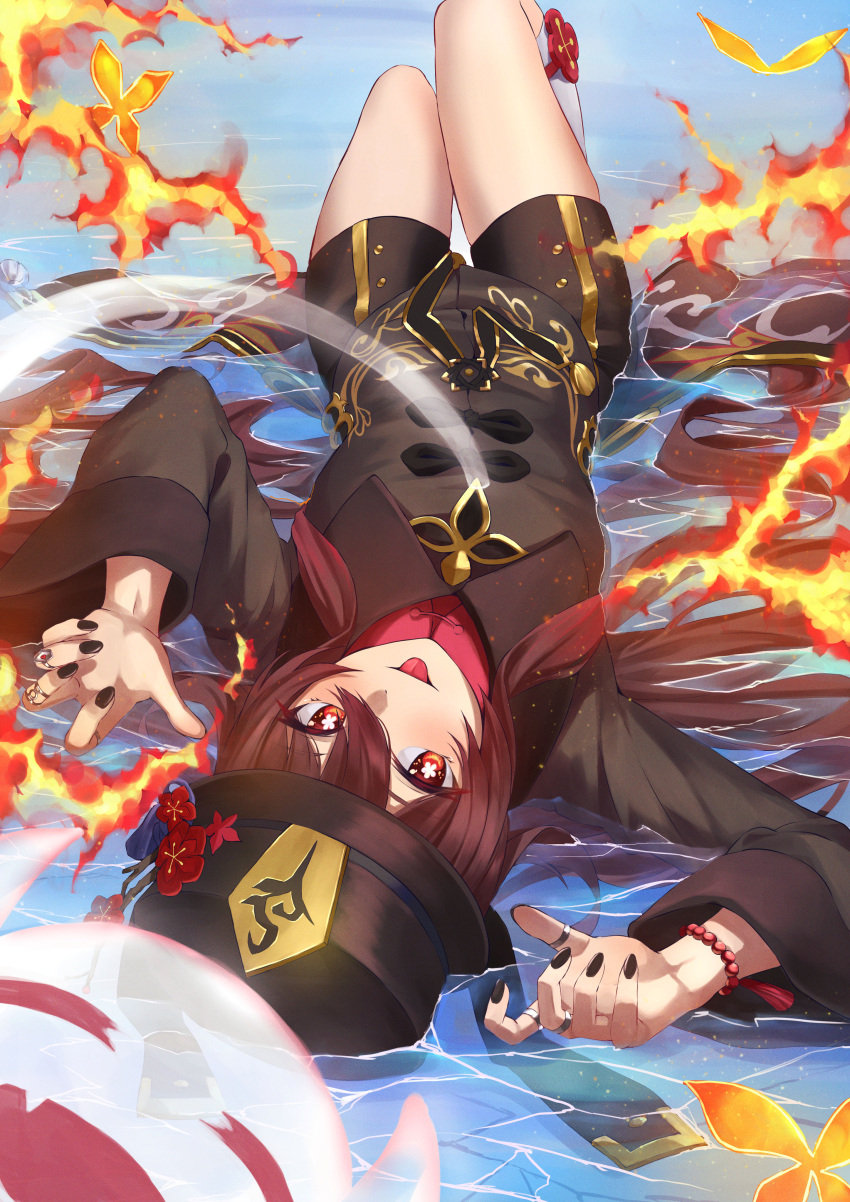 1girl absurdres arm_up black_headwear black_nails black_shorts boo_tao_(genshin_impact) brown_coat brown_hair bug butterfly chakuma_(yiyh1468) claw_pose coat fire flower flower-shaped_pupils genshin_impact hand_up hat hat_flower highres hu_tao_(genshin_impact) jewelry knees_up long_hair long_sleeves looking_at_viewer lying lying_on_water multiple_rings nail_polish on_back plum_blossoms porkpie_hat red_eyes red_shirt ring shallow_water shirt short_shorts shorts socks solo symbol-shaped_pupils thighs thumb_ring twintails upside-down very_long_hair water white_socks wide_sleeves