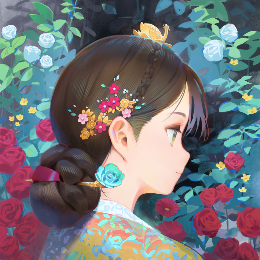 1girl absurdres blue_flower blue_rose braid brown_hair clip_studio_paint_(medium) closed_mouth commentary_request ddal flower green_eyes hair_bun hair_flower hair_ornament hair_stick highres japanese_clothes kimono making-of_available nape on_head original pink_flower portrait print_kimono profile purple_flower red_flower red_rose rose smile solo white_flower white_rose yellow_flower yellow_kimono yellow_rose