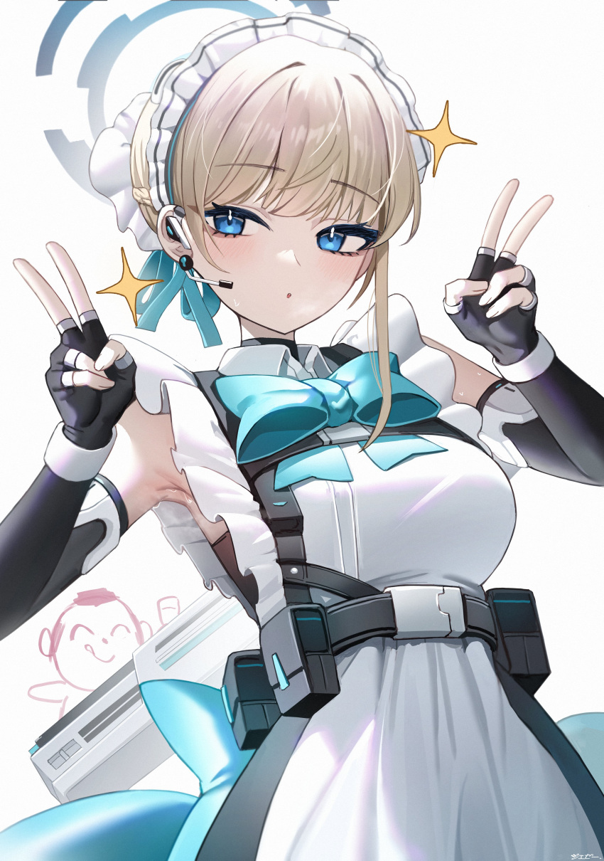 1girl absurdres apron armpits arona's_sensei_doodle_(blue_archive) assault_rifle belt_pouch blonde_hair blue_archive blue_bow blue_bowtie blue_eyes blue_ribbon bow bowtie braid bun_cover chest_harness double_v earpiece elbow_gloves fingerless_gloves frilled_apron frills gloves gun h&amp;k_g11 hair_ribbon halo harness highres jeze maid_headdress pouch ribbon rifle sensei_(blue_archive) sparkle toki_(blue_archive) upper_body v weapon white_apron white_background