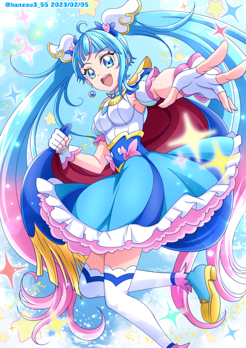 1girl :d ahoge armband bangs blue_cape blue_dress blue_eyes blue_footwear blue_hair cape cape_hold commentary cure_sky cut_bangs dated diagonal_bangs dress foreshortening frilled_dress frills fringe_trim hanzou highres hirogaru_sky!_precure leg_up light_particles long_hair looking_at_viewer multicolored_hair open_mouth pink_hair precure reaching_towards_viewer red_cape shoes short_dress sleeveless sleeveless_dress smile solo sora_harewataru sparkle standing standing_on_one_leg star_(symbol) streaked_hair thigh-highs twintails twitter_username two-sided_cape two-sided_fabric very_long_hair white_thighhighs wing_hair_ornament