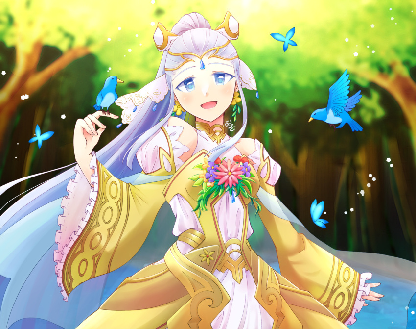1girl :d animal bird bird_on_hand blue_eyes bug butterfly detached_sleeves dlllll_lllllb dress earrings eir_(fire_emblem) fire_emblem fire_emblem_heroes flower_earrings highres jewelry long_hair long_sleeves looking_at_viewer official_alternate_costume open_mouth outdoors ponytail sidelocks smile tree white_hair wide_sleeves yellow_dress
