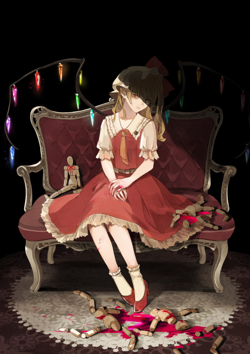 1girl bangs black_background blonde_hair blood blood_on_hands broken carpet closed_mouth collared_shirt commentary couch crystal doll flandre_scarlet frilled_shirt_collar frilled_skirt frills full_body hat high_heels highres kerok_(joniko1110) long_hair looking_at_viewer mob_cap necktie orange_necktie own_hands_together pink_blood pointy_ears red_eyes red_footwear red_skirt red_vest shade shirt short_sleeves sitting skirt socks solo symbol-only_commentary touhou vest white_headwear white_shirt white_socks wings