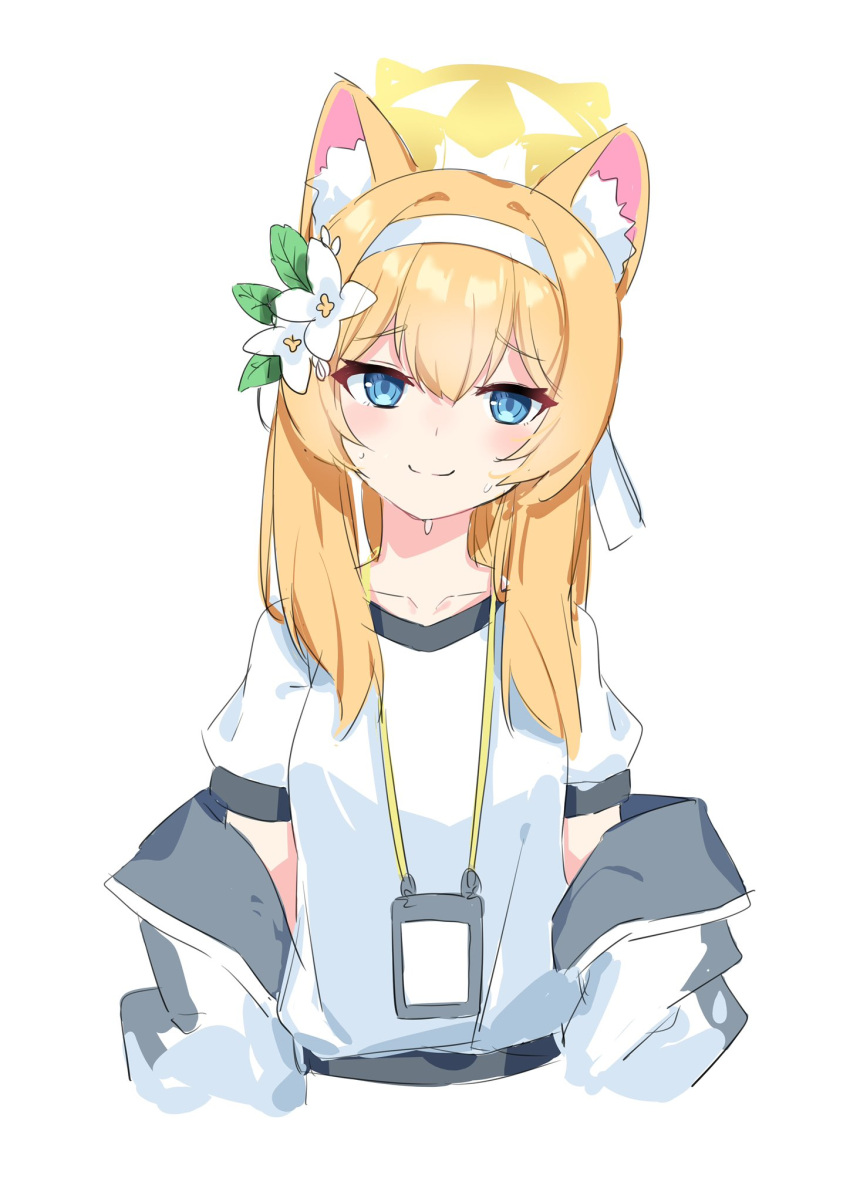 1girl animal_ears blue_archive blue_eyes blush closed_mouth cropped_torso flower hair_flower hair_ornament halo headband highres id_card jacket jacket_partially_removed lanyard mari_(blue_archive) mari_(gym_uniform)_(blue_archive) nernnernneru orange_hair shirt simple_background sketch smile solo upper_body white_background white_headband white_shirt