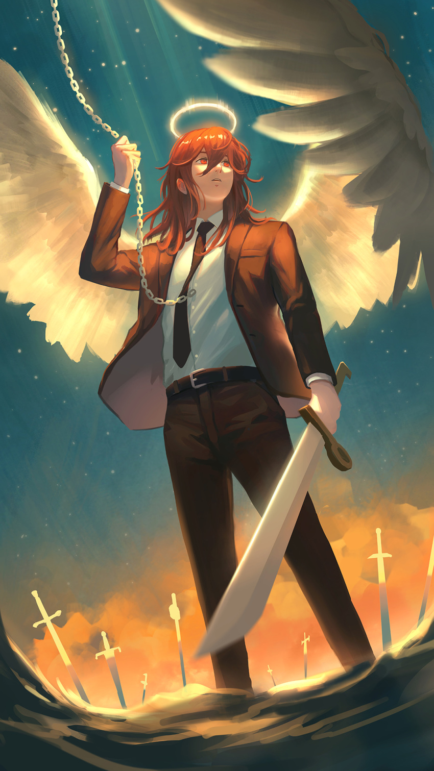1boy angel angel_devil_(chainsaw_man) angel_wings bangs belt belt_buckle black_belt black_jacket black_necktie black_pants blazer brown_hair buckle buttons chain chainsaw_man collared_shirt dinhosaur feathered_wings formal hair_between_eyes halo hand_up highres holding holding_chain holding_sword holding_weapon jacket long_bangs long_sleeves looking_afar medium_hair necktie open_clothes open_jacket open_mouth pants planted planted_sword red_eyes shirt shirt_tucked_in solo suit suit_jacket sunlight sword unsheathed wading water weapon white_shirt white_wings wings
