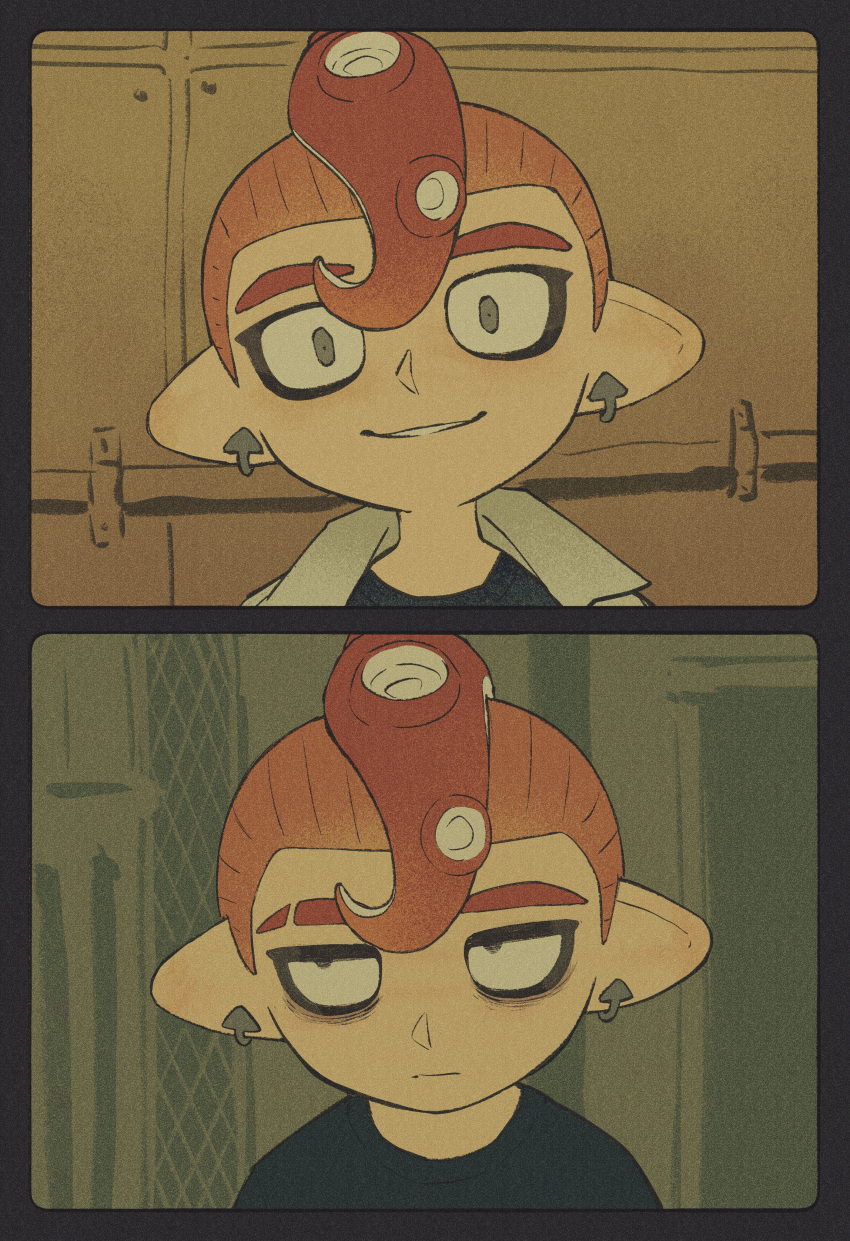 1boy absurdres bags_under_eyes before_and_after black_shirt ear_piercing earrings empty_eyes expressionless eyebrow_cut grey_eyes grin highres iwamushi jacket jewelry looking_at_viewer looking_to_the_side octoling octoling_boy piercing pointy_ears redhead salmon_run_(splatoon) shirt smile solo splatoon_(series) splatoon_3 suction_cups tentacle_hair thick_eyebrows white_jacket
