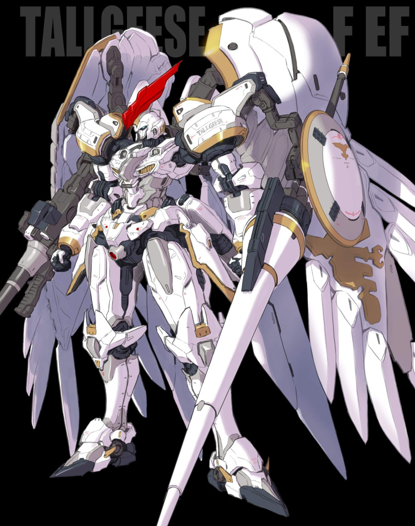 beam_rifle black_background blue_eyes character_name clenched_hands commentary_request energy_gun gundam gundam_wing gundam_wing_endless_waltz highres lance maeda_hiroyuki mecha mechanical_wings mobile_suit no_humans polearm robot science_fiction shield solo standing tallgeese_flugel weapon wings