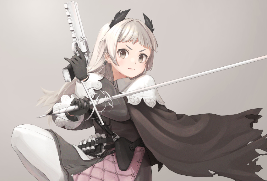 1girl ammunition_belt arknights bangs black_cape black_gloves black_jacket black_skirt blunt_bangs brown_eyes cape capelet closed_mouth dual_wielding earrings gloves grey_background gun head_wings highres holding holding_gun holding_sword holding_weapon irene_(arknights) jacket jewelry kirishima_naruse layered_skirt leg_up long_hair long_sleeves looking_at_viewer pantyhose purple_skirt rapier simple_background skirt solo sword trigger_discipline v-shaped_eyebrows weapon white_capelet white_hair white_pantyhose