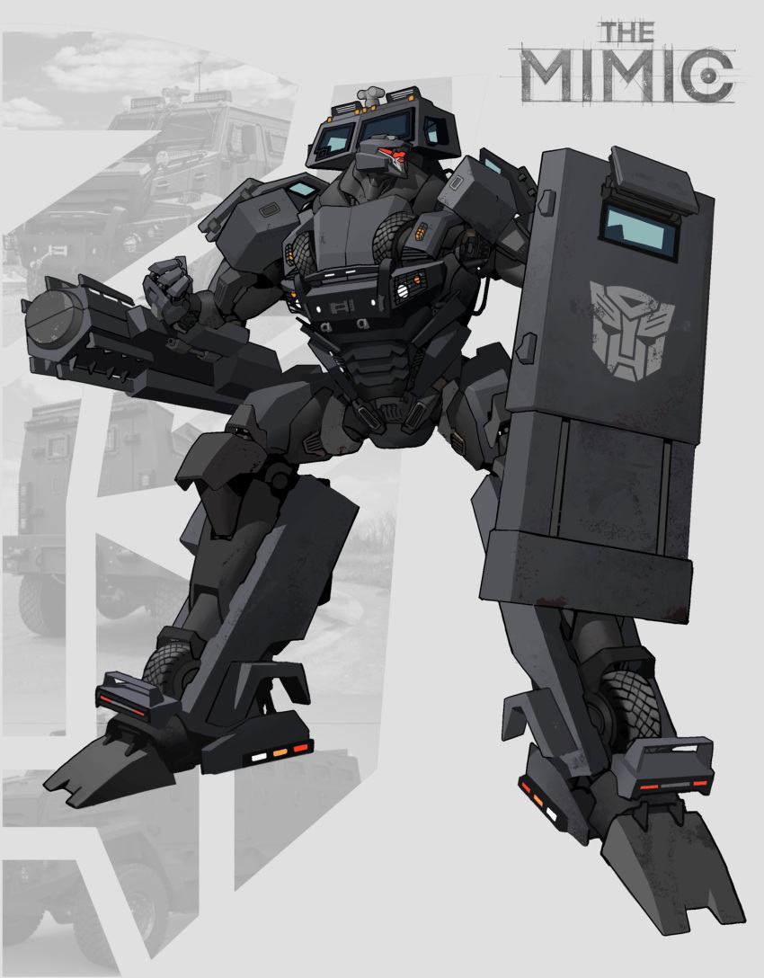 assault_visor autobot english_commentary full_body highres holding holding_shield looking_to_the_side mecha no_humans redesign robot science_fiction shield solo theamazingspino trailbreaker transformers