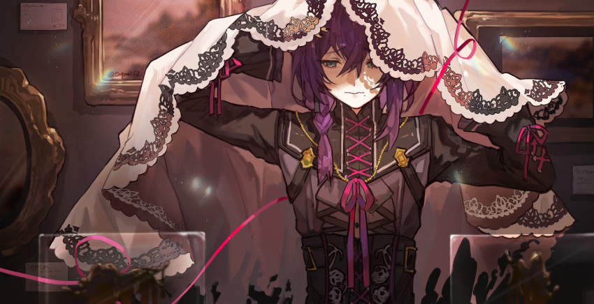 1boy ayase_mayoi bangs black_shirt braid chinese_commentary clothing_request commentary_request ensemble_stars! frown green_eyes highres indoors long_sleeves looking_to_the_side male_focus medium_hair picture_frame purple_hair shirt side_braid sidelocks solo tagme upper_body veil veil_lift white_veil yipingtaopuzi