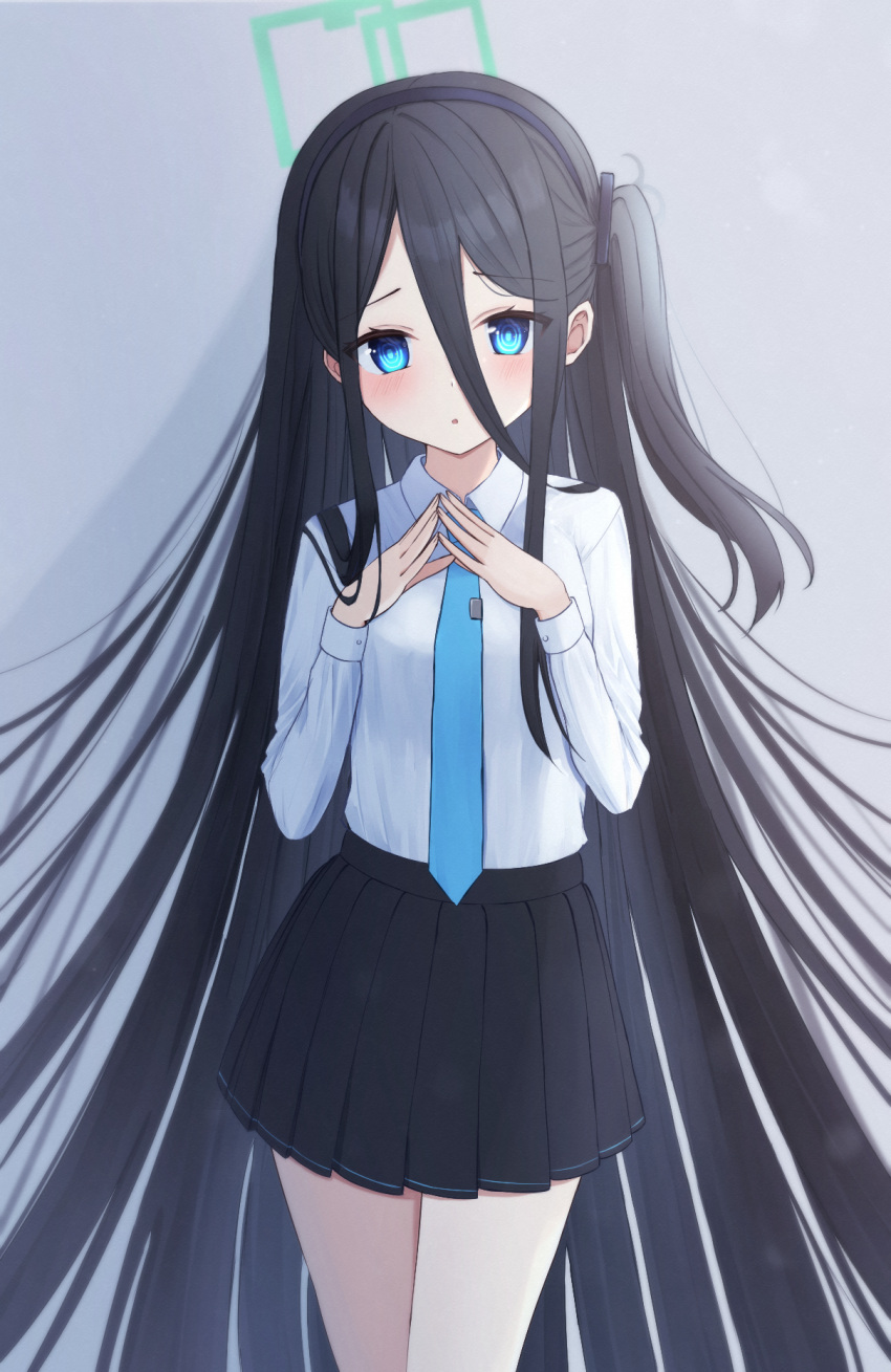 1girl aris_(blue_archive) bangs black_hair blue_archive blue_eyes blush collared_shirt frown hairband halo highres iris37337 long_bangs long_hair long_sleeves looking_at_viewer necktie one_side_up own_hands_together parted_lips pleated_skirt shirt skirt solo very_long_hair