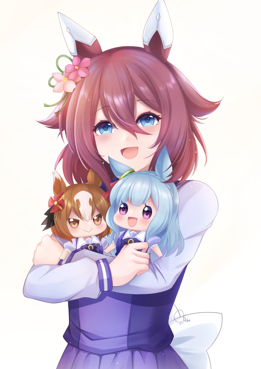 3girls animal_ears artist_name back_bow blue_eyes blue_hair bow brown_eyes brown_hair character_doll doll ear_covers flower hair_between_eyes hair_flower hair_ornament highres holding holding_doll horse_ears horse_girl long_sleeves mejiro_ardan_(umamusume) mixed-language_commentary multiple_girls open_mouth purple_hair purple_serafuku purple_skirt rika_ryne sakura_chiyono_o_(umamusume) school_uniform serafuku short_hair signature simple_background skirt smile solo tracen_school_uniform umamusume violet_eyes white_background white_bow winter_uniform yaeno_muteki_(umamusume)