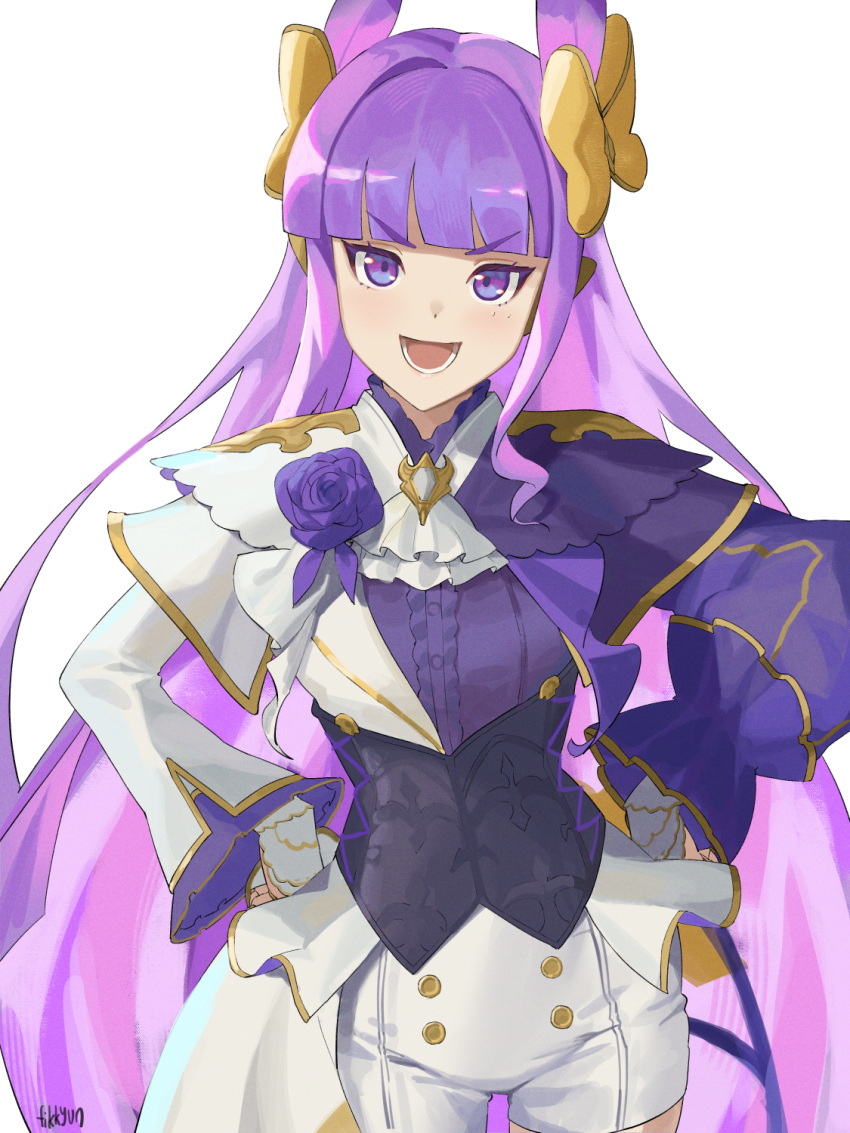 1girl artist_name bangs blunt_bangs bow cendrillion_(granblue_fantasy) center_frills corset cowboy_shot fikkyun flower frills gloves granblue_fantasy hair_bow hands_on_hips highres jabot jacket long_hair long_sleeves looking_at_viewer open_mouth pants pointy_ears purple_flower purple_hair purple_rose purple_shirt rose shirt sidelocks smile solo v-shaped_eyebrows violet_eyes white_background white_gloves white_pants