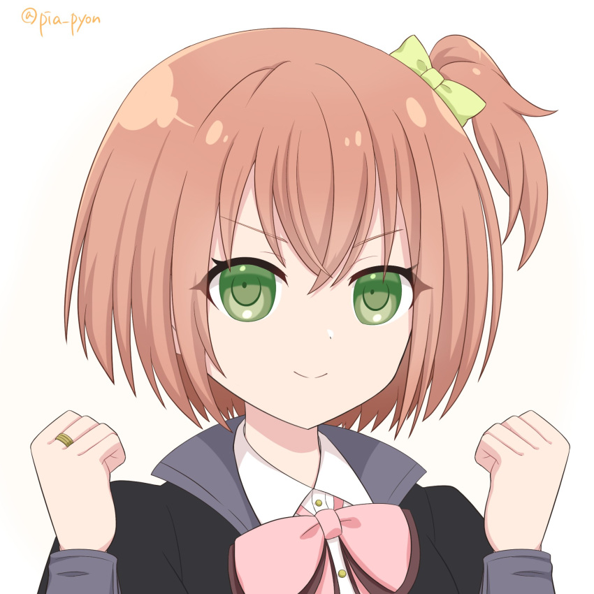 &gt;:) 1girl amamiya_sophia_seren assault_lily bangs black_jacket bow bowtie buttons clenched_hands closed_mouth collared_shirt commentary_request crossed_bangs green_bow green_eyes hair_between_eyes hair_bow hands_up highres jacket jewelry looking_at_viewer ludvico_private_girls'_academy_school_uniform one_side_up orange_hair piatin pink_bow pink_bowtie portrait ring school_uniform shirt short_hair smile solo twitter_username v-shaped_eyebrows white_background white_shirt yellow_background