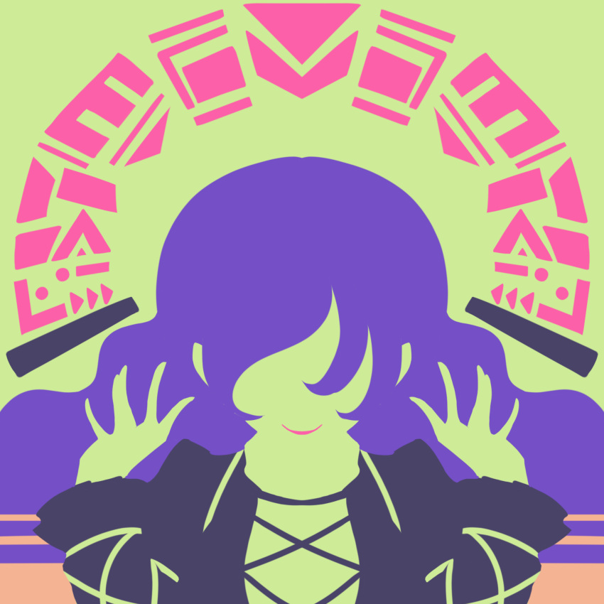 1girl black_dress blending cross-laced_clothes dress flat_color green_background highres hijiri_byakuren limited_palette long_hair maskin_mei no_eyes no_lineart portrait purple_hair silhouette simple_background smile solo sorcerer's_sutra_scroll touhou wavy_hair