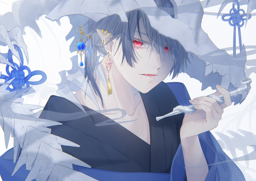 1boy absurdres blue_hair bone chinese_knot dragon earrings eastern_dragon grey_hair highres holding holding_smoking_pipe jewelry kiseru looking_at_viewer male_focus original pointy_ears red_eyes smoking_pipe solo tassel tassel_earrings tsuki_mitsu