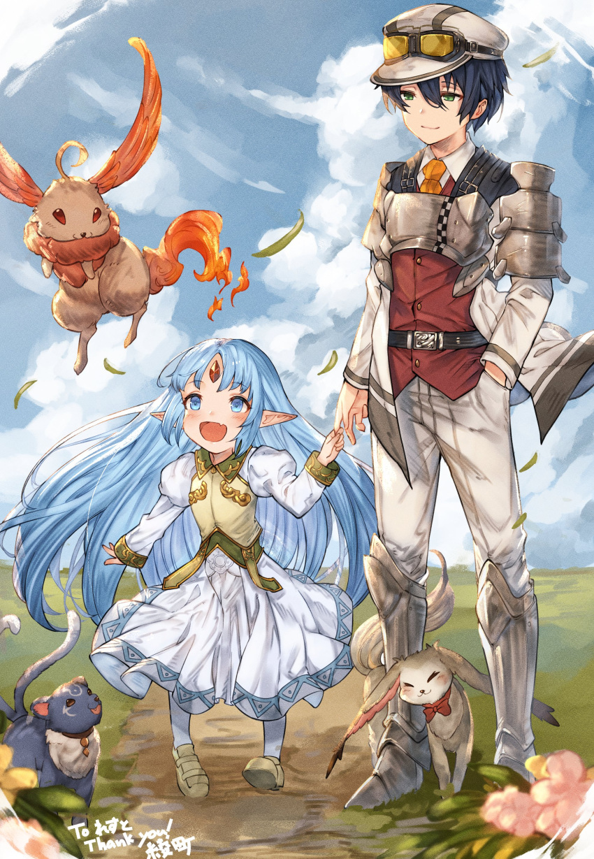 1boy 1girl absurdres animal armor ayacho black_hair blue_eyes blue_hair breastplate brother_and_sister child commission dress el_mofus_(rance_10) female_child forehead_jewel goggles goggles_on_headwear green_eyes highres long_hair metal_boots necktie orange_necktie pants pantyhose pointy_ears rance_(series) rance_10 red_vest reset_kalar shirt short_hair shoulder_pads siblings skeb_commission sky vest white_dress white_headwear white_pants white_pantyhose white_shirt