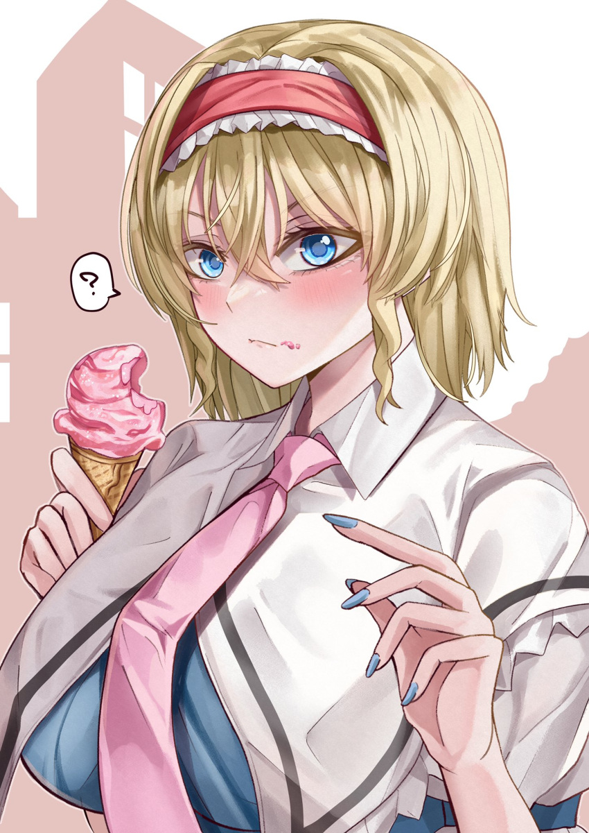 1girl ? alice_margatroid bangs blonde_hair blue_eyes blue_nails breasts capelet closed_mouth commentary food food_on_face hair_between_eyes hairband highres holding holding_food ice_cream large_breasts lolita_hairband looking_at_viewer maboroshi_mochi necktie pink_necktie red_hairband short_hair solo spoken_question_mark touhou upper_body white_capelet