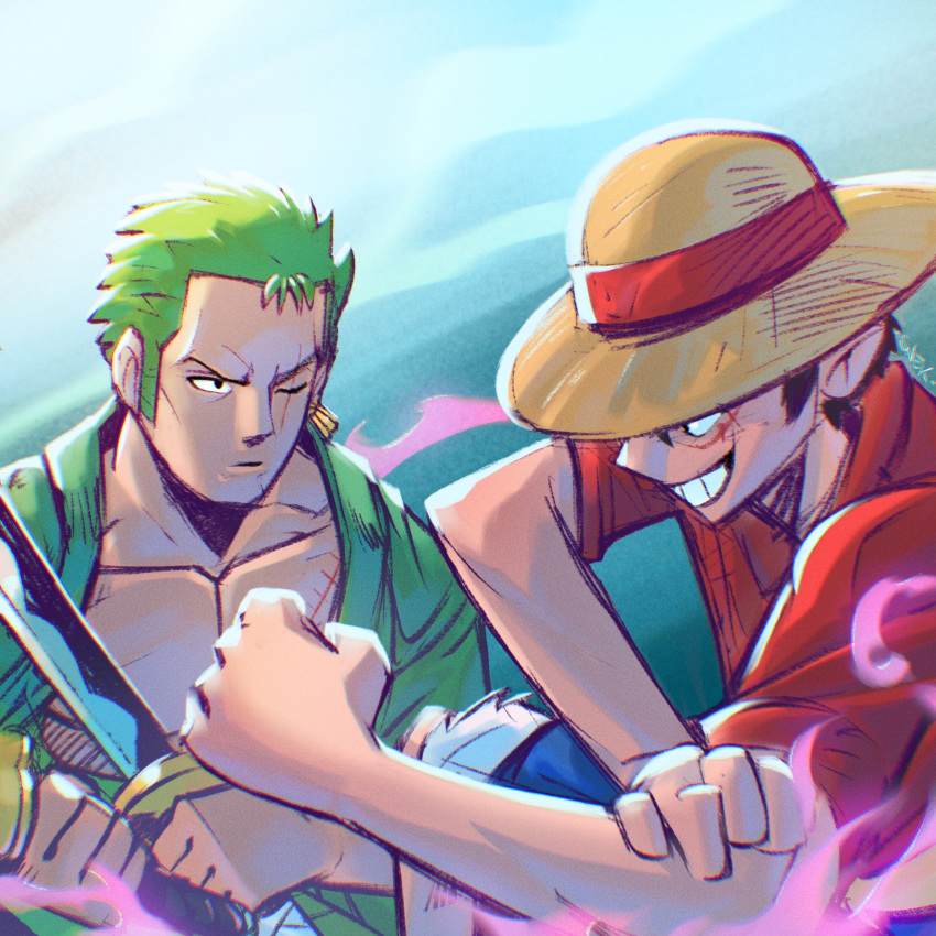 2boys black_hair commentary commission english_commentary green_hair grin hat highres holding imminent_fight looking_at_another male_focus monkey_d._luffy multiple_boys one_eye_closed one_piece outdoors pectorals red_shirt roronoa_zoro scar scar_across_eye shirt short_hair short_sleeves smile sneekkio straw_hat sword teeth vs weapon