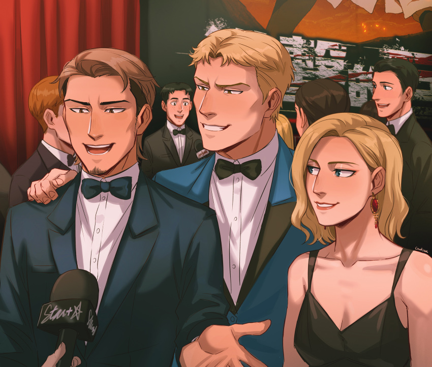 1other 2girls 6+boys alternate_universe annie_leonhardt black_dress blonde_hair blue_eyes bow bowtie brown_hair chalseu character_request collared_shirt dress earrings facial_hair formal grin hand_on_another's_shoulder highres holding holding_microphone interview jean_kirchstein jewelry microphone multiple_boys multiple_girls open_mouth poster_(object) reiner_braun shingeki_no_kyojin shirt smile suit white_shirt
