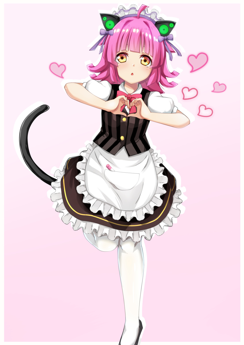 1girl absurdres ahoge alternate_costume animal_ears apron bangs black_footwear black_skirt black_vest blunt_bangs blunt_ends bow bowtie buttons cat_ears cat_tail check_commentary chestnut_mouth commentary_request enmaided fake_animal_ears frilled_skirt frills hair_bow hands_up heart heart_hands highres kinnikku leg_up looking_at_viewer love_live! love_live!_nijigasaki_high_school_idol_club maid maid_headdress marker moe_moe_kyun! pink_background pink_hair puffy_short_sleeves puffy_sleeves purple_bow red_bow red_bowtie shirt short_hair short_sleeves skirt socks solo striped striped_vest tail tennouji_rina vest waist_apron white_apron white_shirt white_socks yellow_eyes