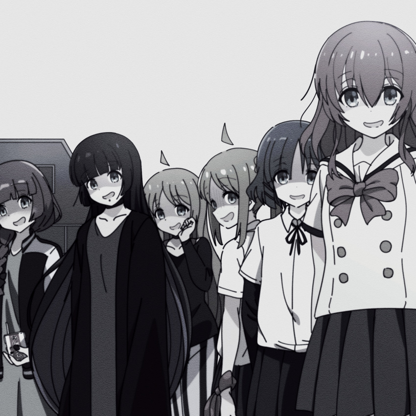 6+girls ahoge album_cover_redraw alcohol_carton aphex_twin bangs black_choker black_dress black_hair black_jacket black_ribbon black_shirt black_skirt blonde_hair blue_hair bocchi_the_rock! bow braid chin_piercing choker clothing_cutout collared_shirt commentary_request derivative_work dress goumonsha green_dress grey_shirt hair_ornament hair_over_shoulder hairclip highres hiroi_kikuri holding_carton ijichi_nijika ijichi_seika jacket kita_ikuyo long_dress long_hair long_sleeves looking_at_viewer medium_dress medium_hair multicolored_clothes multicolored_jacket multiple_girls muted_color neck_ribbon open_clothes open_jacket open_mouth pa-san pants parody pleated_skirt purple_hair red_bow ribbon sailor_collar school_uniform shaded_face shirt shirt_tucked_in short_hair short_sleeves shoulder_cutout single_braid skirt sleeves_past_fingers sleeves_past_wrists striped striped_pants two-tone_jacket vertical-striped_pants vertical_stripes very_long_hair white_jacket white_sailor_collar white_shirt yamada_ryou