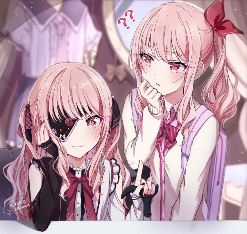 2others ? ?? akiyama_mizuki androgynous black_nails bow clone do_while02 drill_hair eyepatch hair_bow highres kamiyama_high_school_uniform_(project_sekai) long_hair long_sleeves looking_at_viewer multiple_others nail_polish other_focus pink_eyes pink_hair project_sekai red_bow school_uniform side_drill twintails