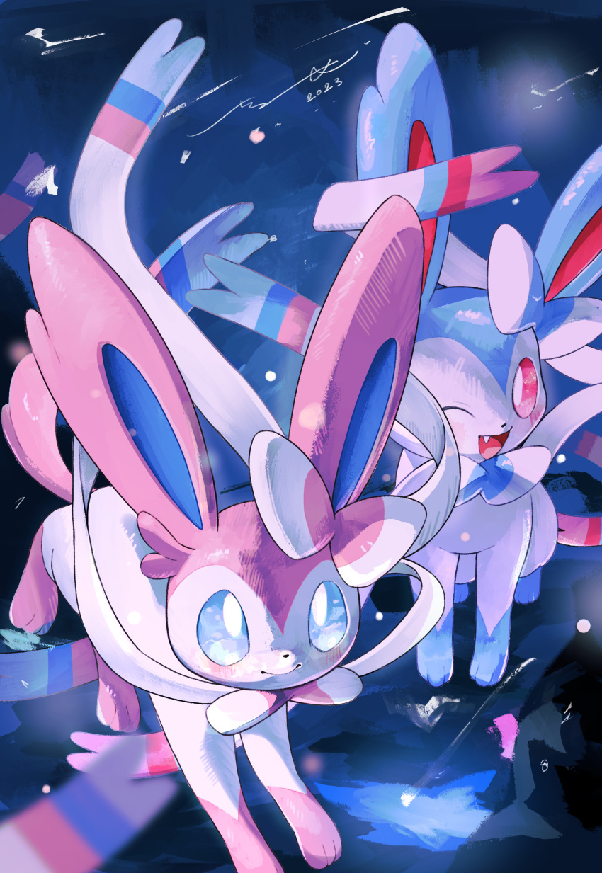 ;d absurdres alternate_color blue_eyes blurry blush bright_pupils closed_mouth commentary_request dated fang highres no_humans one_eye_closed open_mouth pink_eyes pokemon pokemon_(creature) shiny_pokemon signature smile standing surumeika_(ninfiiiir) sylveon tongue white_pupils