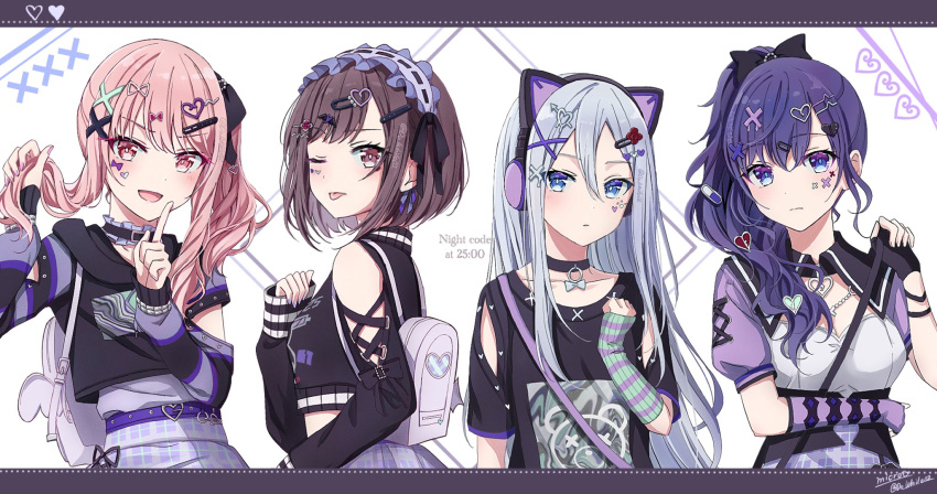 1other 25-ji_night_code_de._(project_sekai) 3girls :p akiyama_mizuki androgynous asahina_mafuyu blue_eyes blue_hair brown_eyes brown_hair clothing_cutout cross-laced_clothes cross-laced_cutout cross-laced_sleeves do_while02 drill_hair facial_mark hair_ornament heart heart_facial_mark heart_hair_ornament highres light_blue_hair long_hair long_sleeves looking_at_viewer maid_headdress medium_hair mismatched_arm_warmers multiple_girls negai_wa_itsuka_asa_o_koete_(project_sekai) one_eye_closed pink_eyes pink_hair project_sekai puffy_short_sleeves puffy_sleeves purple_bag purple_hair round_bag shinonome_ena short_sleeves side_drill striped_arm_warmers tongue tongue_out wavy_hair winged_bag x_hair_ornament yami_kawaii yoisaki_kanade