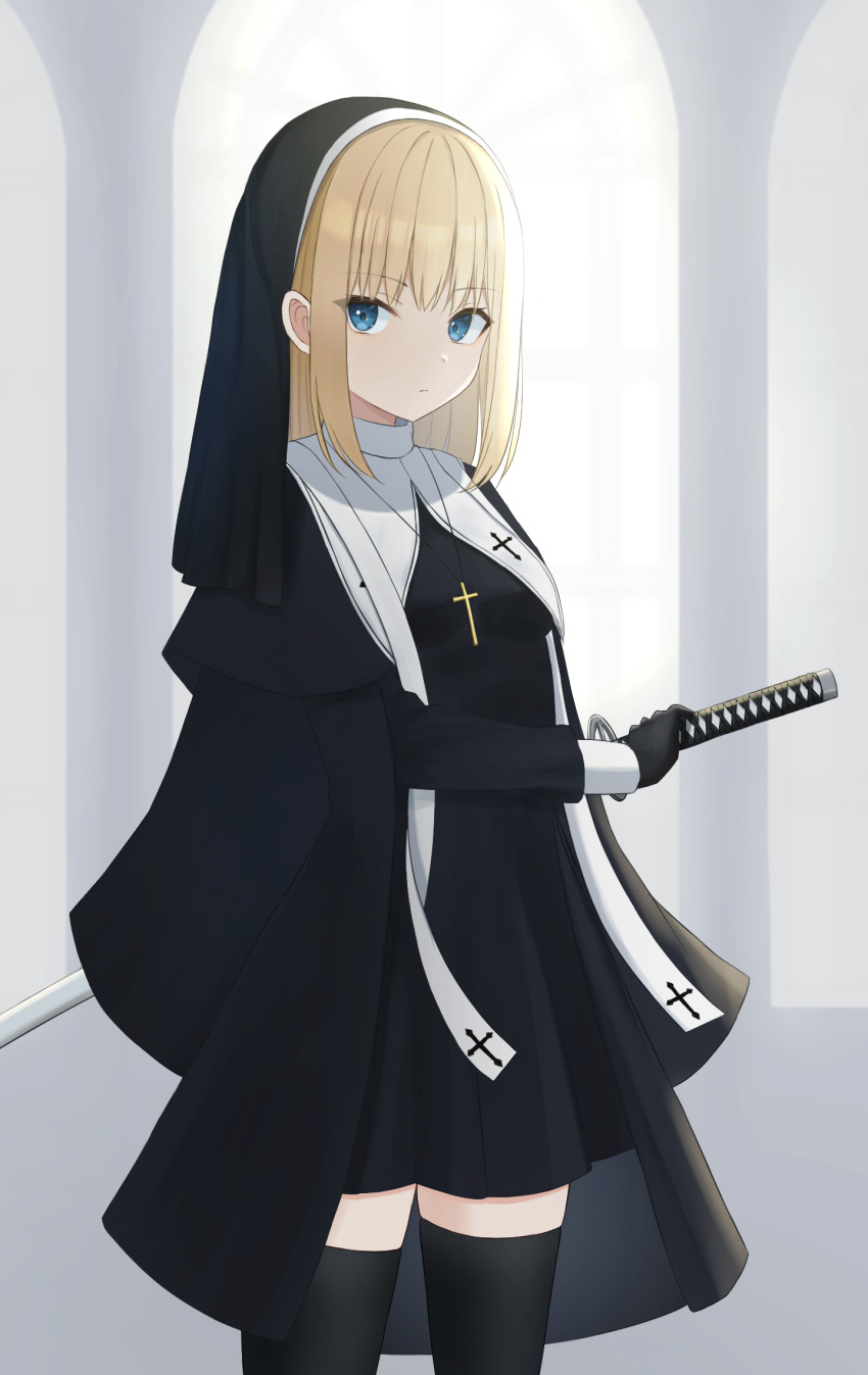 1girl bangs blonde_hair blue_eyes cross cross_necklace dress expressionless gloves habit highres holding holding_sword holding_weapon iris37337 jewelry katana long_hair long_sleeves looking_to_the_side necklace nun original pillar reverse_grip sleeve_cuffs solo sword weapon