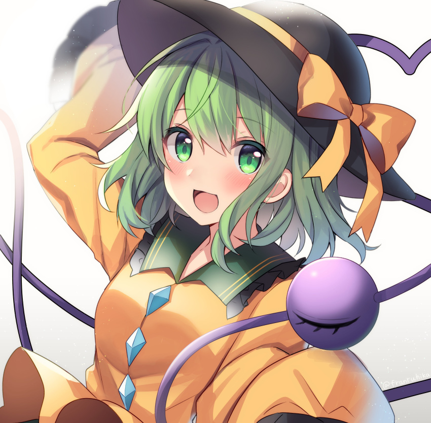 1girl :d absurdres bangs black_headwear blush bow breasts buttons collar colored_eyelashes commentary diamond_button eyelashes frilled_collar frilled_sleeves frills green_eyes green_hair green_sailor_collar hair_between_eyes hands_up happy hat hat_bow heart heart_of_string highres koishi_day komeiji_koishi light_particles looking_at_viewer medium_hair open_mouth ruhika sailor_collar shirt sidelocks simple_background sleeves_past_fingers sleeves_past_wrists small_breasts smile solo third_eye touhou upper_body wavy_hair white_background wide_sleeves yellow_bow yellow_shirt