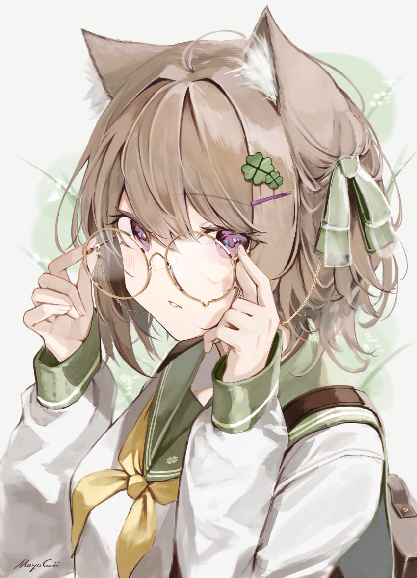 1girl absurdres adjusting_eyewear animal_ear_fluff animal_ears bangs breasts brown-framed_eyewear brown_hair clover_hair_ornament commentary four-leaf_clover_hair_ornament glasses green_sailor_collar grey_background hair_between_eyes hair_ornament hairclip hands_up highres long_sleeves looking_at_viewer mayogii neckerchief original parted_lips puffy_long_sleeves puffy_sleeves round_eyewear sailor_collar school_briefcase school_uniform serafuku shirt signature sleeves_past_wrists small_breasts solo symbol-only_commentary upper_body violet_eyes white_shirt yellow_neckerchief