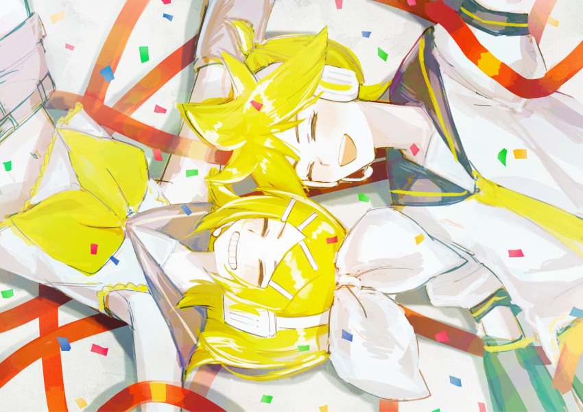 1boy 1girl anniversary blonde_hair bow brother_and_sister closed_eyes confetti detached_sleeves grin hair_bow hair_ornament hairclip happy happy_birthday headphones headset highres kagamine_len kagamine_rin lying neckerchief necktie on_back open_mouth pale_skin rotational_symmetry sailor_collar shimeji_(user_fkzg7225) short_ponytail siblings smile twins vocaloid white_bow yellow_neckerchief yellow_necktie