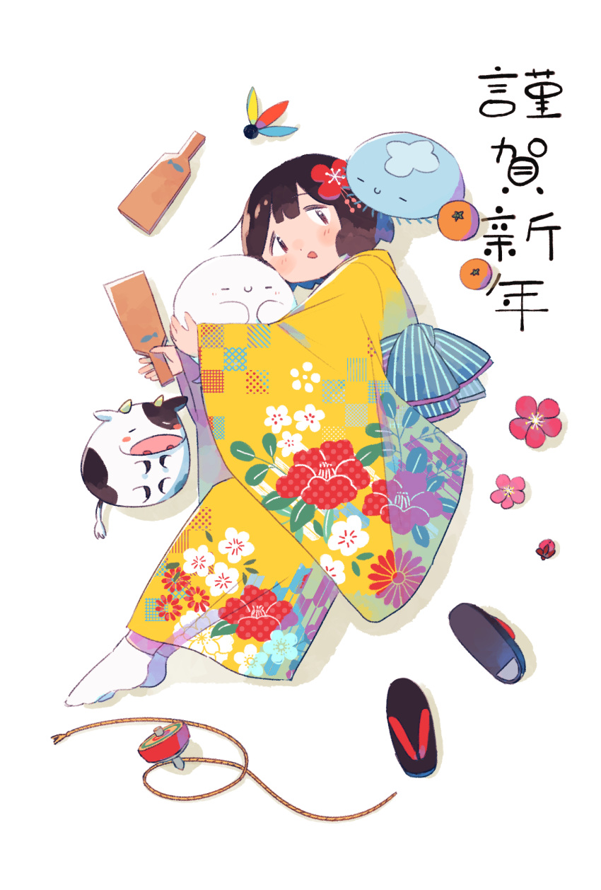 1girl bangs brown_hair chinese_zodiac cow floral_print flower food fruit full_body furisode ghost hagoita hair_flower hair_ornament hane_(hanetsuki) happy_new_year highres holding holding_paddle japanese_clothes jellyfish kimono long_sleeves looking_at_viewer lying nengajou new_year obi on_side open_mouth orange_(fruit) original paddle pink_flower pinpon_sakana print_kimono red_flower rope sandals sandals_removed sash short_hair simple_background socks solo spinning_top tareme translated white_background white_socks wide_sleeves year_of_the_ox yellow_kimono zouri