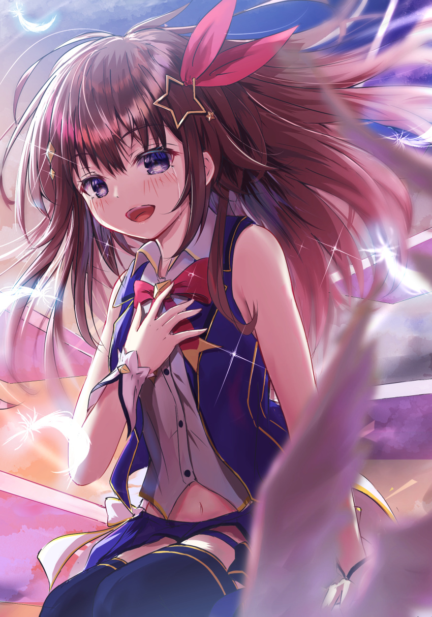1girl :d blue_eyes blue_skirt blue_thighhighs blue_vest blush brown_hair cape cropped_shirt cropped_vest falling_feathers feathers hair_ornament hand_on_own_chest happy highres hololive looking_at_viewer miniskirt navel neck_ribbon open_mouth pleated_skirt red_ribbon ribbon sakura_t shirt skirt sleeveless sleeveless_shirt smile solo star_(symbol) star_hair_ornament tears thigh-highs thigh_strap tokino_sora vest virtual_youtuber waist_cape white_cape white_shirt white_wrist_cuffs wrist_cuffs