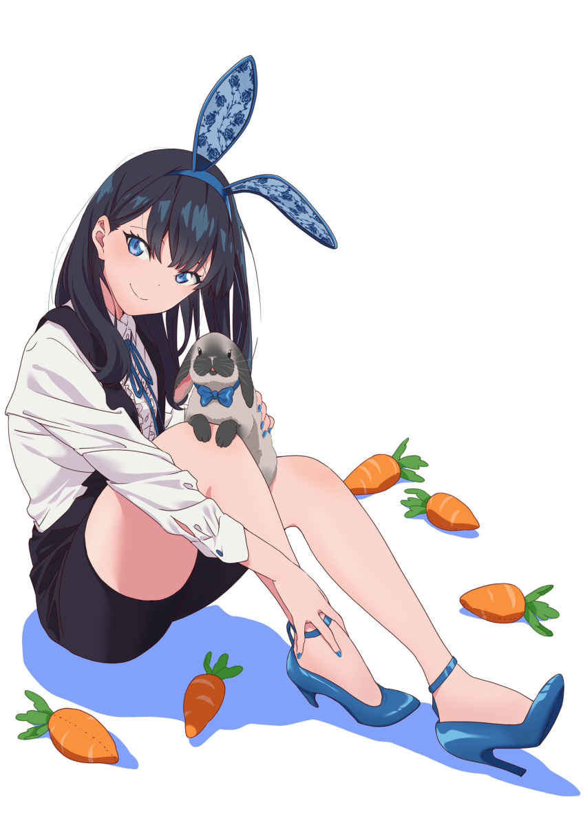 1girl alternate_costume animal_ears bangs black_hair blue_eyes blue_footwear blue_hairband blue_nails blue_ribbon carrot closed_mouth commentary_request cunepero eyelashes fake_animal_ears frilled_shirt frills full_body gridman_universe hairband hand_on_own_leg head_tilt high_heels highres holding knees_up legs long_hair long_sleeves neck_ribbon overall_shorts overalls rabbit_ears ribbon shadow shirt sidelocks simple_background sitting smile solo ssss.gridman strappy_heels takarada_rikka thighs white_background white_shirt