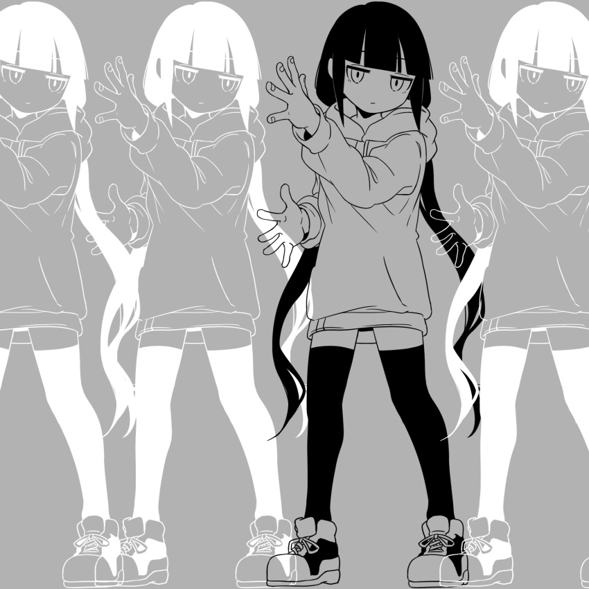 1girl afterimage bangs blunt_bangs closed_mouth empty_eyes expressionless full_body greyscale hands_up head_tilt highres hood hood_down hoodie inverted_colors jitome lag_train_(vocaloid) long_hair long_sleeves looking_at_viewer low_twintails mefomefo monochrome nukunuku_nigirimeshi_(style) open_hands osage_(inabakumori) romaji_commentary shoes sneakers standing thigh-highs twintails very_long_hair vocaloid zettai_ryouiki