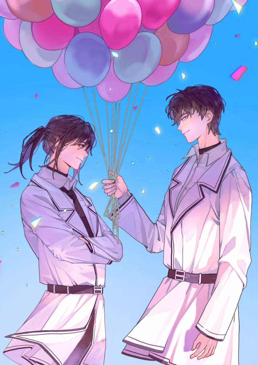 2boys absurdres bai_liu balloon black_hair confetti highres holding holding_balloon i_became_a_god_in_a_horror_game looking_at_another multiple_boys outdoors ponytail tavel weiyabeya