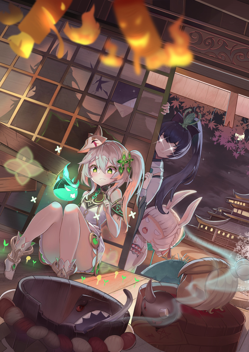 3girls absurdres animal_ears architecture ass bangs black_hair bloomers blunt_bangs blurry bow braid castle commentary_request crossover depth_of_field detached_sleeves east_asian_architecture fox_mask genshin_impact green_eyes hair_between_eyes hair_bow hair_ornament hair_ribbon highres hitodama hotarugusa_(onmyoji) japanese_architecture japanese_clothes long_hair long_sleeves looking_at_another mask mask_on_head multiple_girls nahida_(genshin_impact) night night_sky obi obiage onmyoji peeking_out pointy_ears ponytail rabbit_ears ribbon samsafe sash short_hair short_sleeves side_ponytail sidelocks single_braid sitting sky soles star_(sky) starry_sky stirrup_legwear symbol-shaped_pupils toeless_legwear toes underwear white_hair wide_sleeves yama_usagi_(onmyoji)