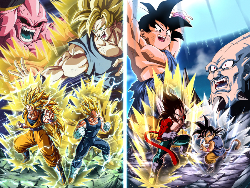 absurdres aura black_sclera blonde_hair brown_hair colored_sclera commentary_request dragon_ball dragon_ball_gt dragon_ball_z dragon_ball_z_dokkan_battle dual_persona electricity energy_ball fang fighting_stance genki_dama gloves green_eyes grey_gloves highres horns kid_buu large_pectorals majin_buu monkey_tail muscular muscular_child muscular_male omega_shenron open_mouth pectorals red_eyes red_fur sharp_teeth son_goku super_saiyan super_saiyan_1 super_saiyan_2 super_saiyan_3 super_saiyan_4 tail teeth torn_clothes vegeta wai_(y48754085) white_footwear white_gloves