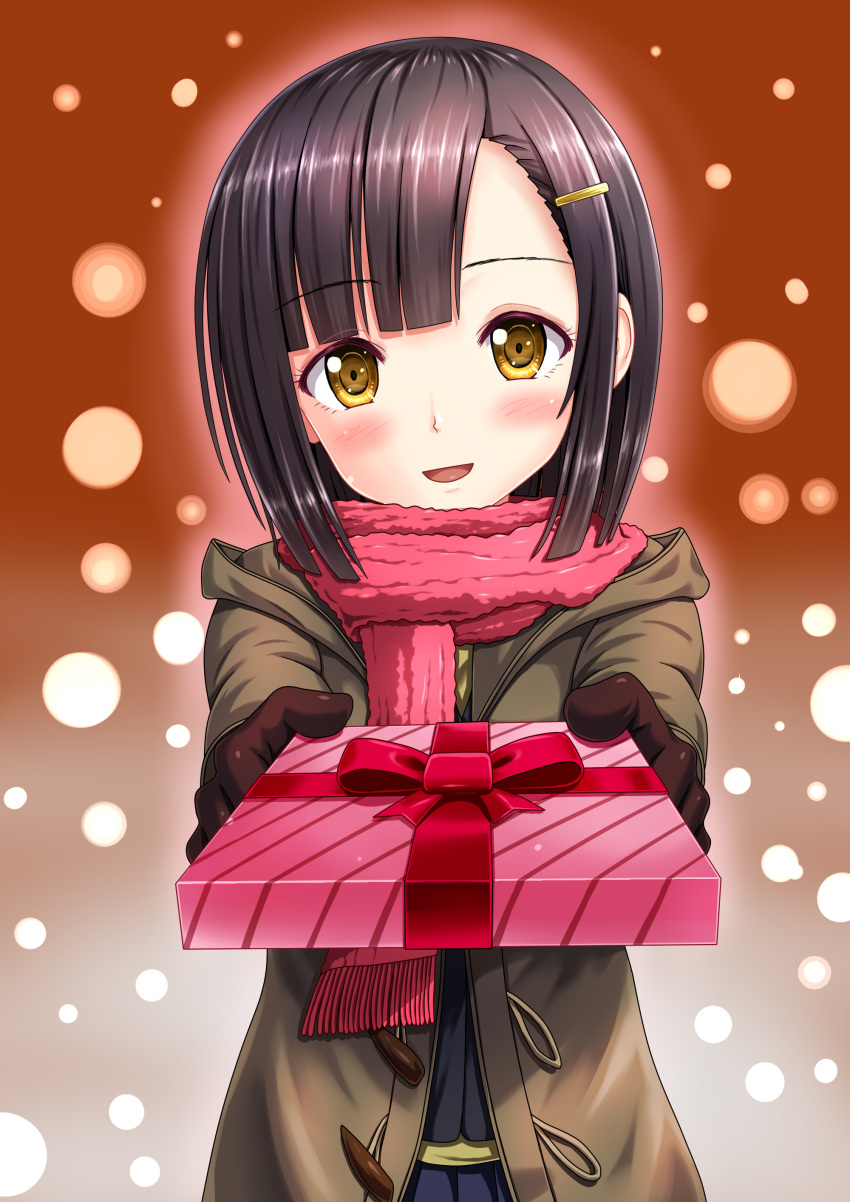1girl absurdres asymmetrical_bangs bangs black_gloves blunt_bangs blunt_ends blush bob_cut box brown_coat coat commentary fringe_trim gift gift_box giving gloves hair_ornament hairclip highres holding holding_gift hood hood_down hooded_coat looking_at_viewer open_clothes open_coat open_mouth original pink_scarf scarf short_hair smile solo standing toggles winter_clothes yamakamu