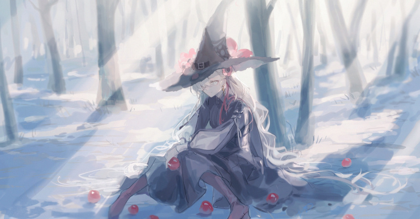 1girl absurdres anemone_(flower) apple black_dress black_headwear boots dress earrings expressionless flower food forest fruit grey_hair hair_ornament hair_over_one_eye hat hat_flower highres holding holding_food holding_fruit isekai_joucho jewelry kamitsubaki_studio long_hair looking_at_viewer multicolored_hair nature outdoors redhead sitting sketch solo sunlight tree two-tone_hair very_long_hair virtual_youtuber walluka wavy_hair witch_hat