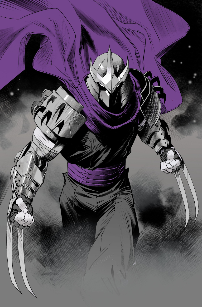1boy absurdres arm_guards armor black_background bodysuit cape claw_(weapon) commentary dan_mora english_commentary eyes_in_shadow fingerless_gloves gloves greyscale helmet highres male_focus monochrome official_art pauldrons purple_cape purple_sash sash shoulder_armor shredder_(tmnt) simple_background smoke solo spiked_pauldrons spikes spot_color standing teenage_mutant_ninja_turtles weapon