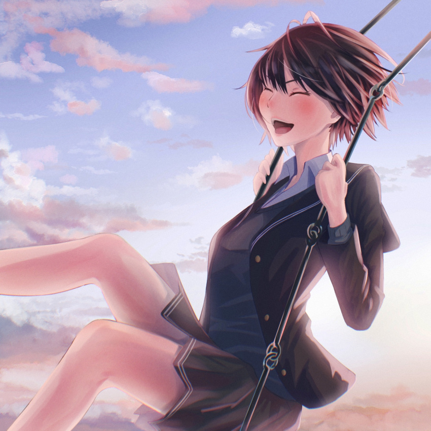 1girl :d amagami black_hair black_jacket black_sailor_collar black_skirt blazer blue_sweater blush breasts closed_eyes clouds commentary dusk feet_out_of_frame film_grain highres jacket kibito_high_school_uniform long_sleeves medium_breasts nanasaki_ai open_clothes open_jacket open_mouth oshizu outdoors pleated_skirt sailor_collar school_uniform shirt short_hair sitting skirt sky smile solo sweater swing swinging teeth upper_teeth_only white_shirt