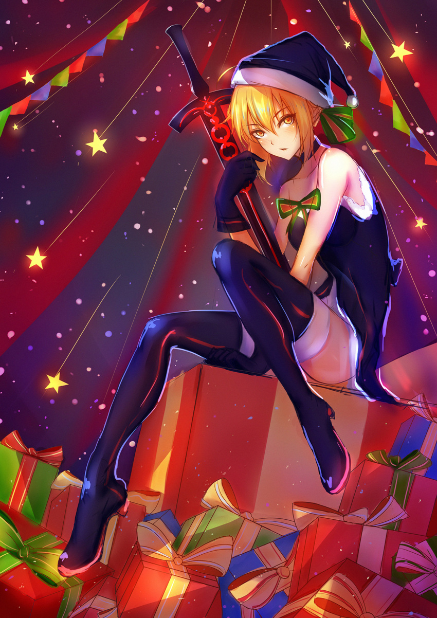 1girl artoria_pendragon_(fate) black_footwear black_thighhighs blonde_hair boots box english_commentary excalibur_morgan_(fate) fate/grand_order fate_(series) full_body fur_trim gift gift_box gloves hat highres looking_at_viewer santa_alter santa_costume santa_hat sitting solo star_(symbol) sword tenmoon thigh-highs thigh_boots weapon yellow_eyes