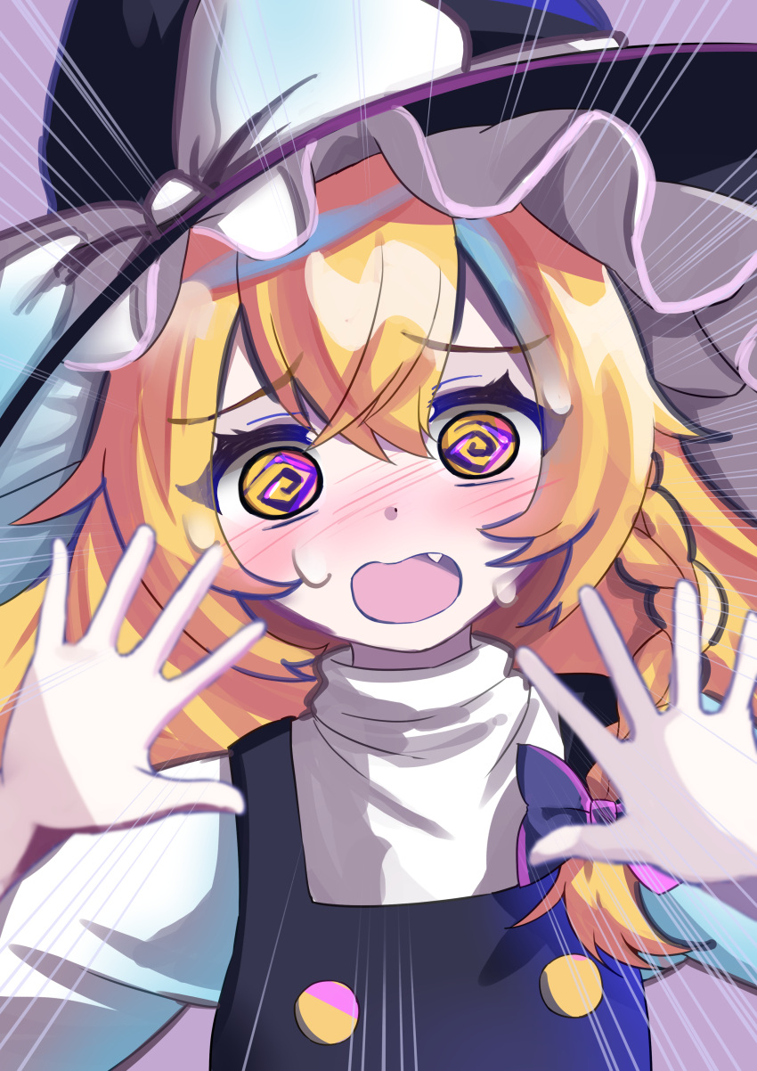 2girls @_@ absurdres bangs bikini blonde_hair blush bow braid commentary confused fang frilled_headwear full-face_blush furrowed_brow hair_between_eyes hair_bow hands_up hat hat_bow highres kabi_killer kirisame_marisa long_hair looking_at_viewer multiple_girls open_hands open_mouth purple_bow shirt sidelocks single_braid solo sweat swimsuit touhou upper_body wavy_mouth white_bikini white_shirt witch_hat yellow_eyes